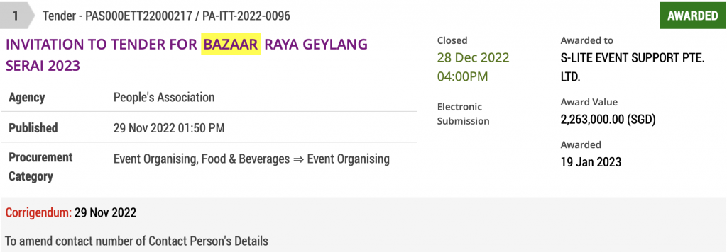 Tender for Geylang Bazaar